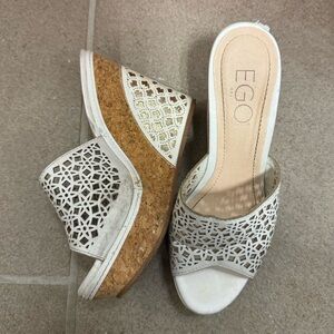 EGO Platform Wedge Slip-on Heels in White Faux Leather